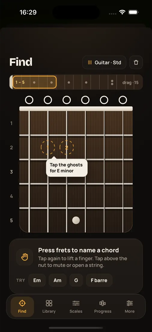 Tapchord Find screen with a guitar fretboard and ghost-dot hints