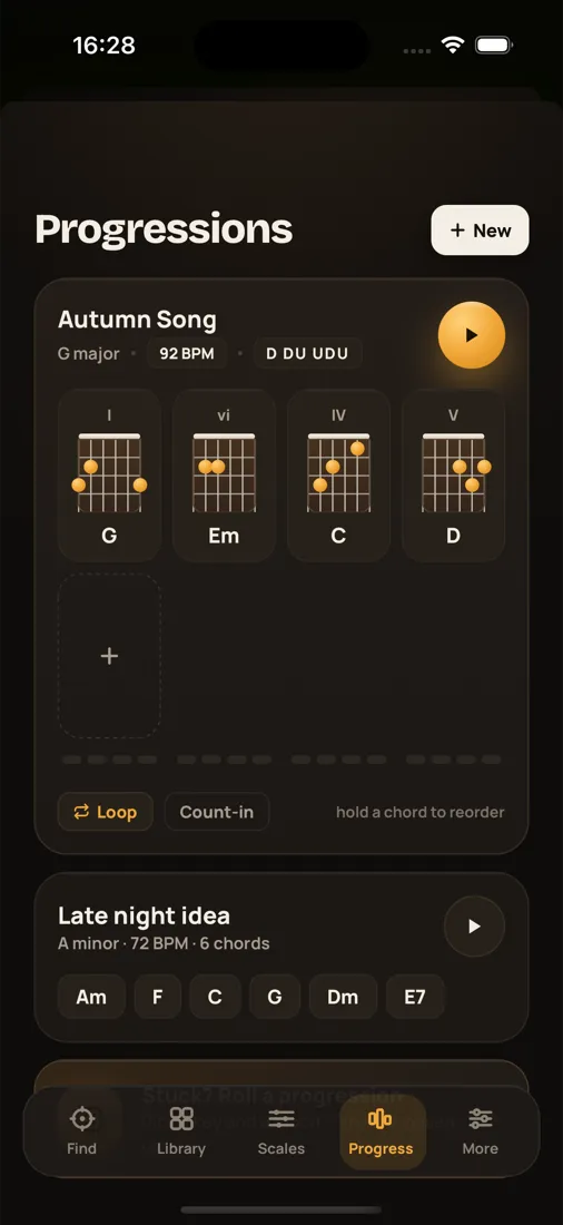 Tapchord Progressions screen with saved songs