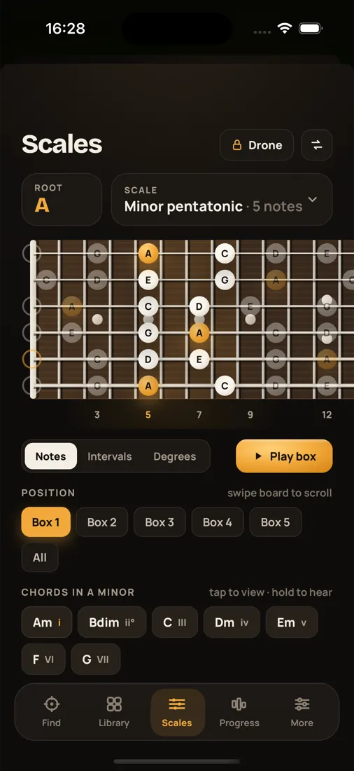 Tapchord Scales screen showing A minor pentatonic across the fretboard