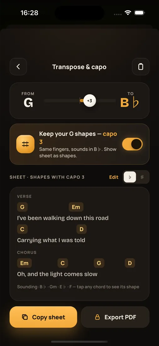 Tapchord transpose and capo screen